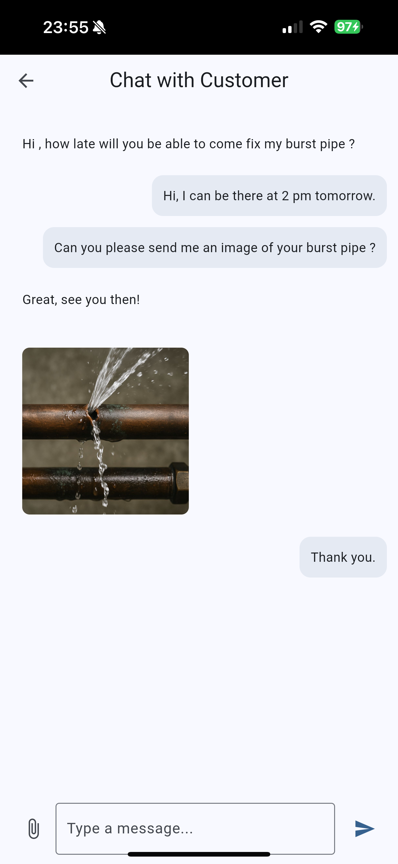 FixSA chat screen showing conversation between customer and service provider about fixing a burst pipe