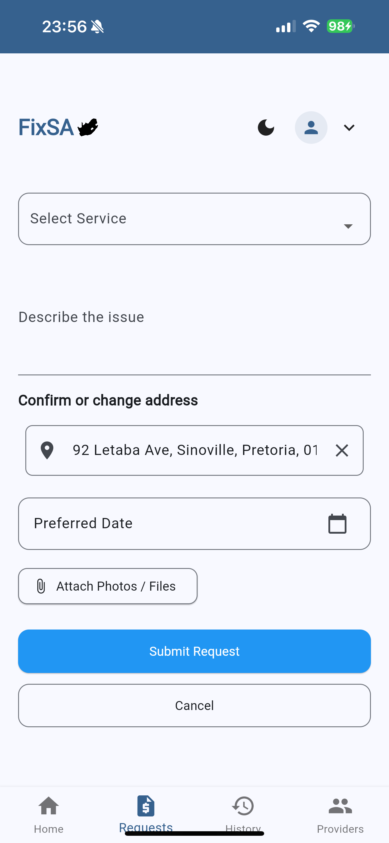 FixSA service request screen with form to book a service provider